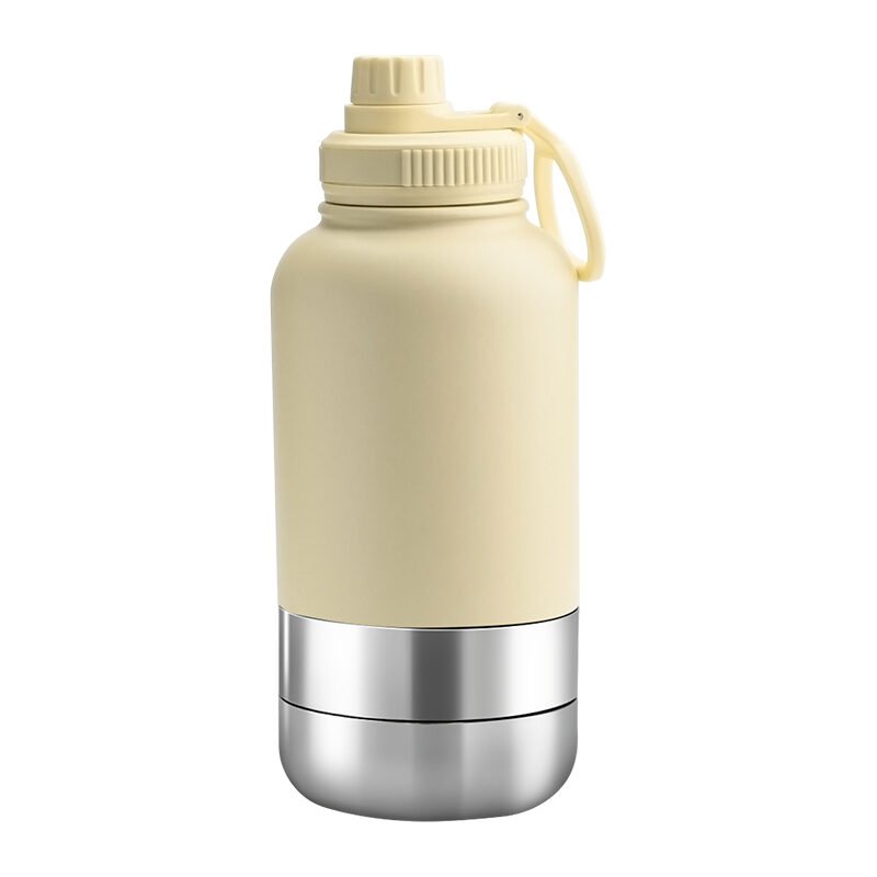 cream Custom 1000ml cream EcoPet Portable Water Bottle with Dual Bowls
