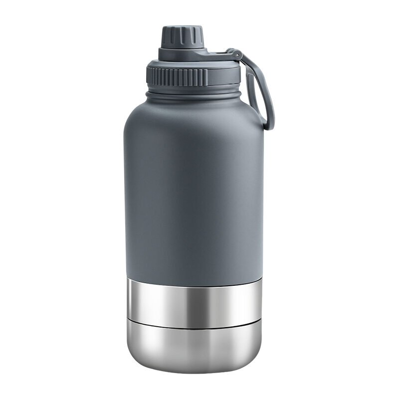 dark grey Custom 1000ml grey EcoPet Portable Water Bottle with Dual Bowls
