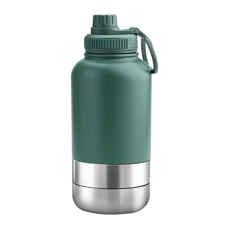 green Custom 1000ml green EcoPet Portable Water Bottle with Dual Bowls