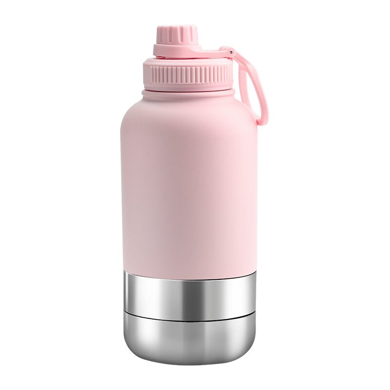 pink Custom 1000ml Pink EcoPet Portable Water Bottle with Dual Bowls