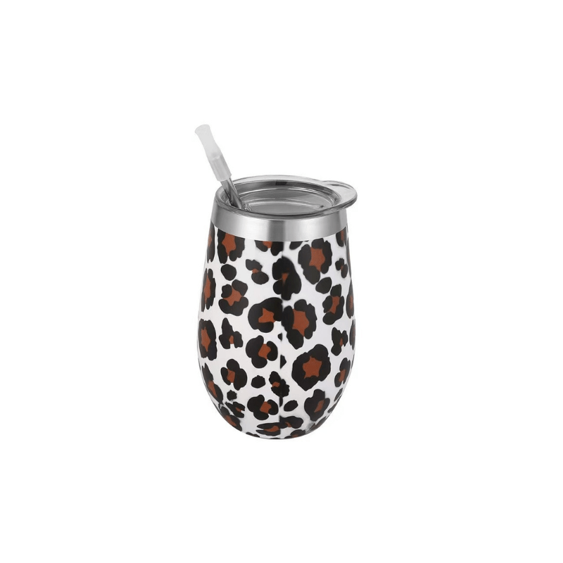 Leopard print Branded 420ml Wine Tumbler with Straw & Cleaning Set in Leopard Print